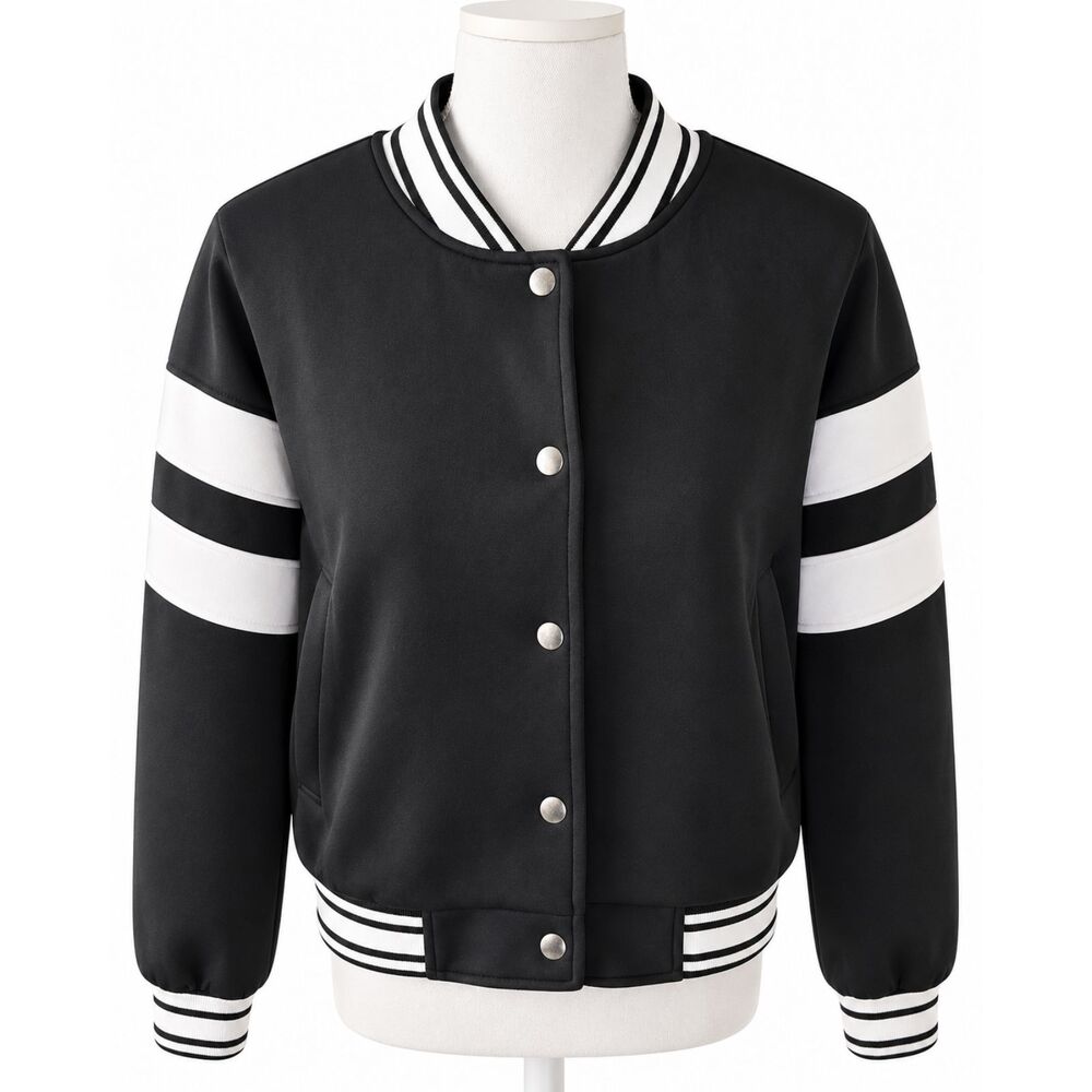 IJOAH Women’s Black White Varsity Bomber Jacket Snap Front Size M NWT